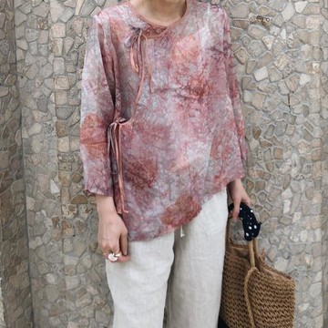 2023春夏新女 日系大碼復古名族風印花棉麻亞麻苧麻長袖襯衫漢服