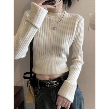 新年紅色掐腰毛衣女短款小個子坑條針織衫內搭春秋季打底修身上衣