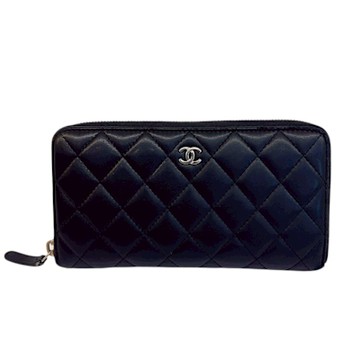 二手品 CHANEL 香奈兒經典COCO小羊皮菱格紋拉鍊長夾（黑色/銀扣/小羊皮）七成新