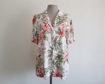 ALFRED DUNNER 古著 綠粉色夏威夷襯衫 女款 扶桑花印花 上衣 L 碼