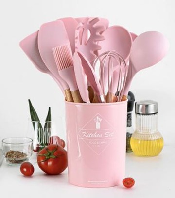 櫸木矽膠餐具11件組 粉色