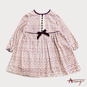 Annys安妮公主-粉紅小花編織蝴蝶結秋冬款長袖BABY洋裝*9257紫色