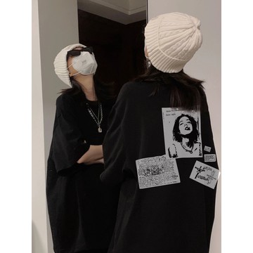 CHAOO 100% t恤 短袖衣服 原宿風上衣 oversize 情侶裝 美式復古上衣 復古 t恤 黑色衣服 印花