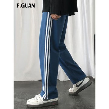 運動褲男港風休閑三道杠寬松大碼學生直筒闊腿褲潮流衛褲條紋長褲