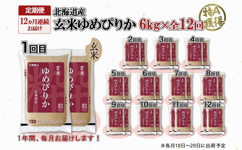 定期便12ヵ月連続12回 北海道産 ゆめぴりか 玄米 3kg×2袋 計6kg 小分け 米 国産 ごはん グルメ 食物繊維 ヘルシー お取り寄せ 備蓄 長期保存 プレゼント 贈答 ギフト ようてい農業協同組合 ホクレン 送料無料 北海道 倶知安町