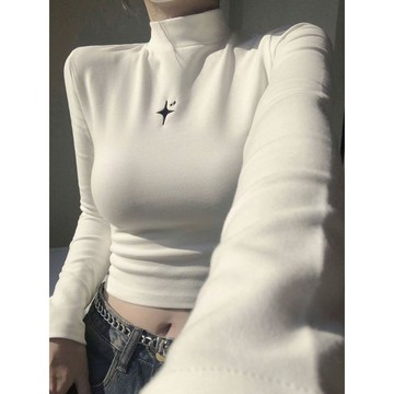 白色德絨高領打底衫女秋冬新款刺繡長袖T恤緊身保暖短版上衣