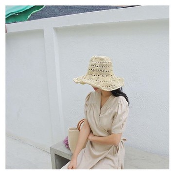鏤空草帽女夏小清新蕾絲系帶漁夫帽韓版百搭日系甜美可愛度假帽子1入