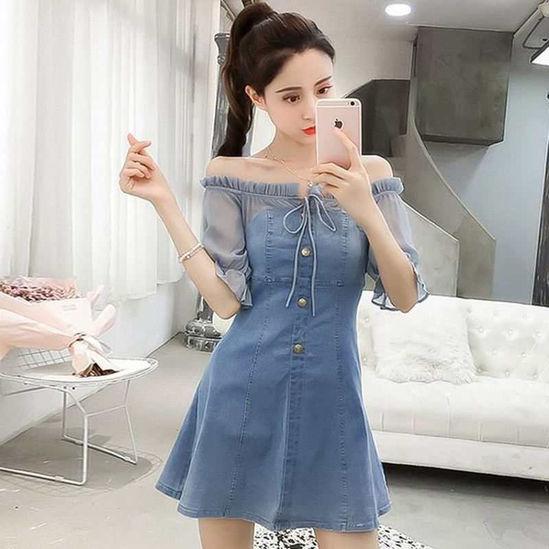 レディース ワンピース 半袖 膝丈 オフショル デニムワンピ 透け感 おしゃれ 可愛いきれいめ カジュアル Good Clothes 通販 Lineポイント最大0 5 Get Lineショッピング