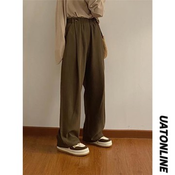 UATONLINE2025美式復古寬松直筒設計感垂墜感西褲女咖色休閑褲子