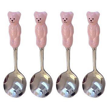MYUMYU 沐慕家居 陶瓷小熊不銹鋼湯匙  14.5 cm  淡粉色  4支  1組