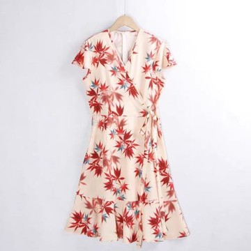 2724楓葉長裙 夏季新款交叉v領系帶顯瘦仿冰絲淑女氣質連衣裙女裝