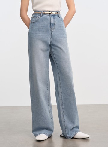 撞色口袋拼接直筒牛仔褲