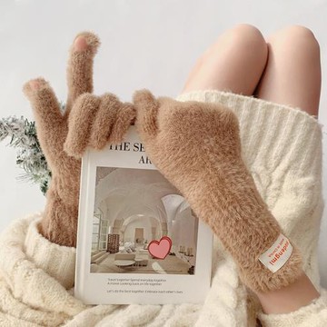 夜間教習室毛茸茸手套女秋冬保暖可愛分指長款純色可觸屏騎車手套