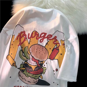 KKyesiou美式復古高熱量漢堡趣味短袖t恤男女ins潮流寬松情侶上衣