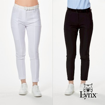 【Lynx Golf】首爾高桿風格！女款彈性舒適素面造型LOGO織帶剪接褲口開杈設計窄管九分褲(二色)