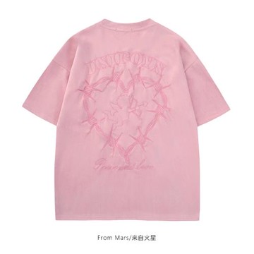 From Mars 天使拉弓 日系字母刺繡麂皮絨短袖寬松情侶休閑半袖T恤