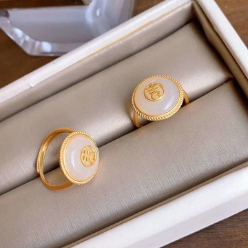 S925銀故宮上新天然玉圓形戒指女開口可調節宮廷活口吉字吉祥送