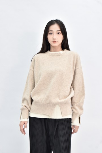 (F) 針織長袖假兩件杏色毛衣