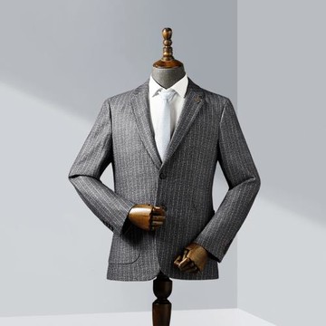 高端商務休閑條紋單西男外貿剪標尾貨春秋新品抗皺灰色西服外套男