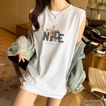 韓版上衣 大尺碼上衣 中長款oversize 印花T恤 寬鬆上衣 無袖背心 下半身失蹤感 寬鬆透氣 無袖短袖 無袖T恤女