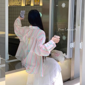 多巴胺甜美彩虹紋防曬襯衫外套女夏季2025蝴蝶結拼接設計感上衣