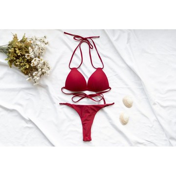 ☀Chi's shop~☀ 獨家訂製款 酒紅色雙綁帶比基尼 無鋼圈可加胸墊 修身顯白Bikini 泡溫泉游泳皆可