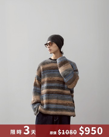 男裝 配色條紋休閒針織毛衣-灰棕 M/L