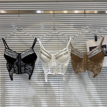 網紅同款2025秋季新款性感名媛水鉆釘珠邊蕾絲魚骨收腰吊帶抹胸女