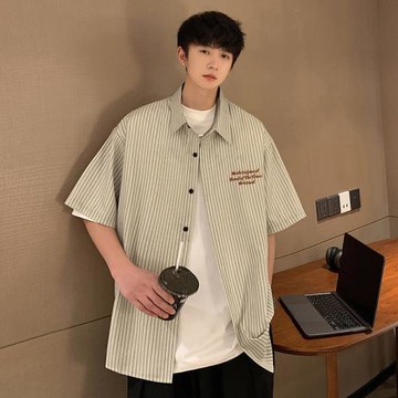 短袖襯衫男高級感港風chic復古襯衣夏季薄款寬松外套男士休閑上衣