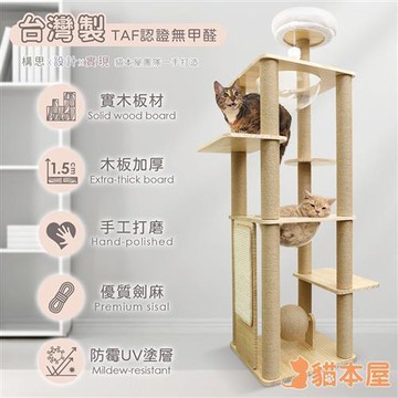 貓本屋 台灣製 雙太空艙方形實木貓跳台(附劍麻抓板/球)