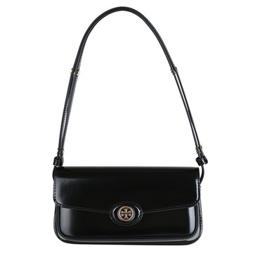 TORY BURCH Robinson金色圓標LOGO漆皮長方形肩背斜背包(黑)