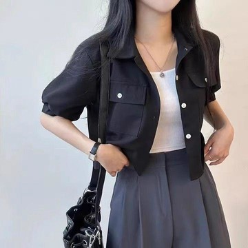 韓國夏季減齡短袖襯衣女小個子設計感別緻上衣寬鬆短款外套女0709
