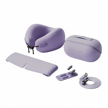 旅行出遊三件組  (捲捲U型枕+好眠眼罩+降噪耳塞)  附專屬收納包+掛繩 時尚出行 多色可選 藍色