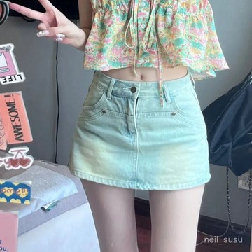 短裙 A字短裙 半身裙 復古做舊牛仔半身裙女夏季辣妹超短裙高腰顯瘦包臀裙子防走光裙褲
