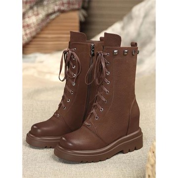 真皮內增高9cm復古棕色馬丁靴ins英倫風春秋中筒靴小碼厚底女靴子