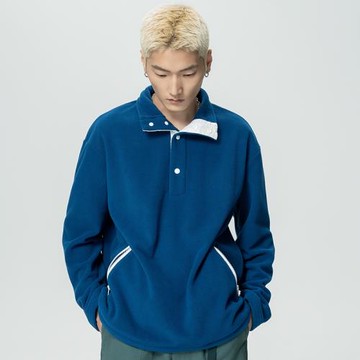 2024秋冬新款搖粒絨套頭純色基礎版韓版日系復古保暖立領衛衣