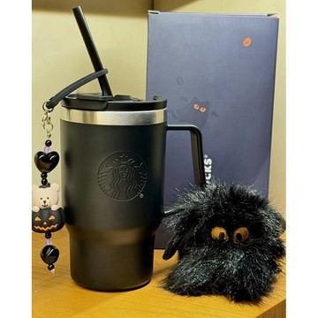 星巴克杯子2026新年禮物 暗夜黑系列 不鏽鋼吸管杯配毛絨掛飾 保溫杯 黑色 515ml