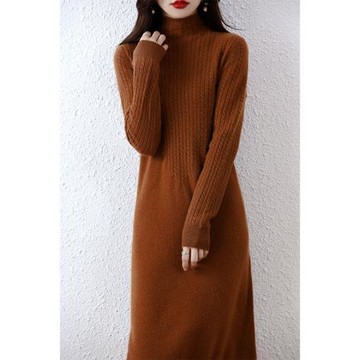 純羊毛針織半高領過膝寬松大衣