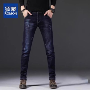 羅蒙牛仔褲男士2025年冬季新款加絨休閑彈力修身小腳百搭長褲子男