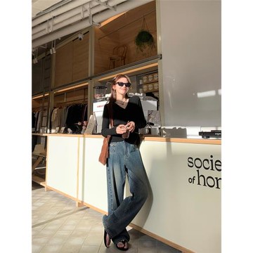 楊楊YANGRUOYU【修腿百搭】高腰直筒牛仔褲復古寬松顯瘦闊腿褲女