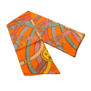 HERMES 愛馬仕 Cavalcadour Maxi Twilly 絲巾 橘/多色 絲綢 【二手名牌BRAND OFF】