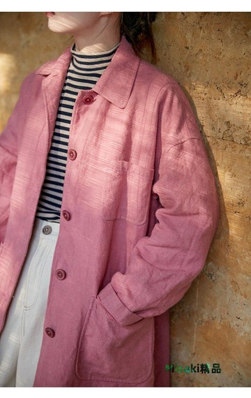 (老銀屋)冬裝新款高端純亞麻夾棉保暖襯衫領中長款外套-Misaki精品