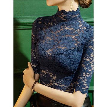 2025夏季新款立領蕾絲打底衫女五分袖半高領女裝中袖T恤上衣洋氣