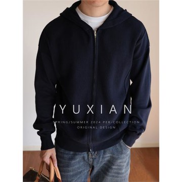 YUXIAN美式重磅復古拉鏈針織外套連帽抗起球毛衣長袖開衫男士秋冬