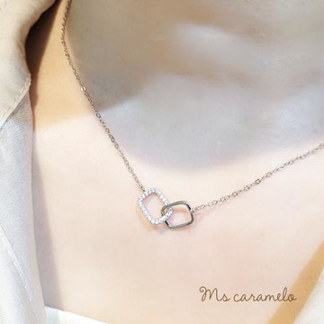 【焦糖小姐 Ms caramelo】925純銀鍍K白 鋯石項鍊 雙環相扣項鍊