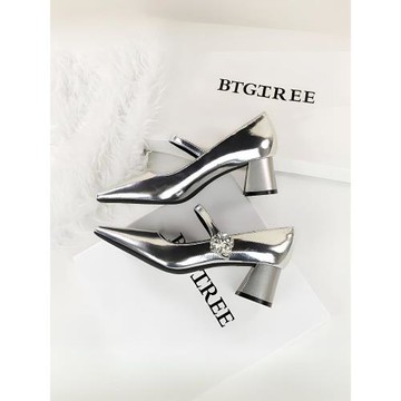 風女鞋一字帶單鞋粗跟女水鉆扣方頭中跟淺口宴會復古韓版OL春秋季