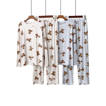 莫代爾睡衣女秋 休閑彈力長褲長袖小熊印花圓領家居服春秋套裝