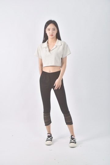 (L) 抓皺亮閃黑色長褲