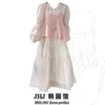 奶系穿搭早春套裝寬松碎連衣裙甜美手工花針織馬甲兩件套初戀鹽系