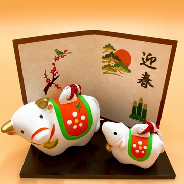 【招福干支】開運干支 生肖牛 緣起物 土鈴 大牛帶小牛R6